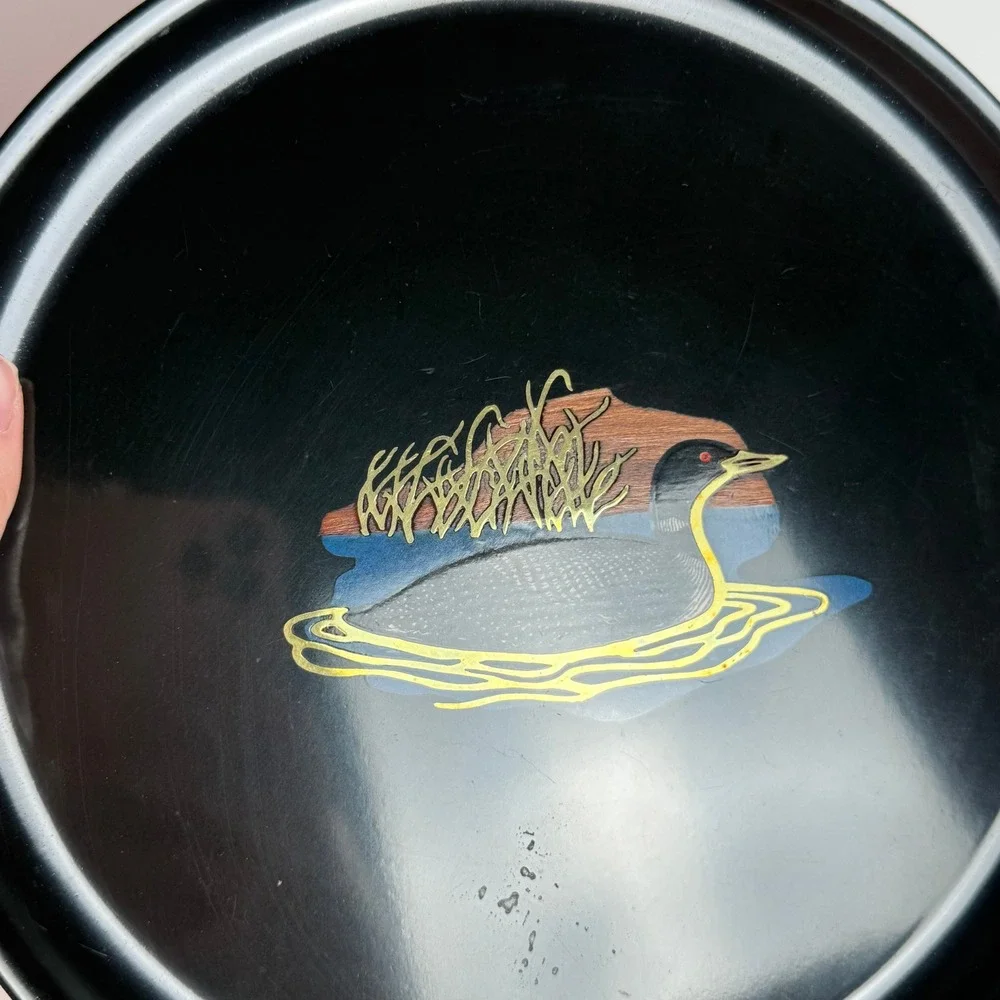 Couroc of Monterey Mallard Duck Round Tray 10.5 Inch MCM California Black Resin